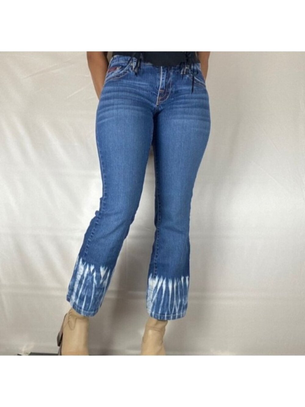 Vtg Y2K Baby Phat Flared Jeans Embroidered Logo Bling Tie-Dyed Size 13